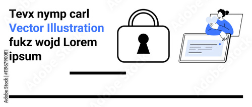 Lock icon representing security, person in blue examining tablet device, text elements. Ideal for cybersecurity, data protection, privacy policies, secure transactions, technology awareness, digital