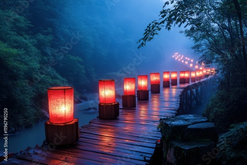 Chinese Lantern Festival: Rows of glowing red lanterns lining a wooden suspension bridge over a gorge, with the soft glow reflecting on the water far below and the mist creating a dreamy effect photo