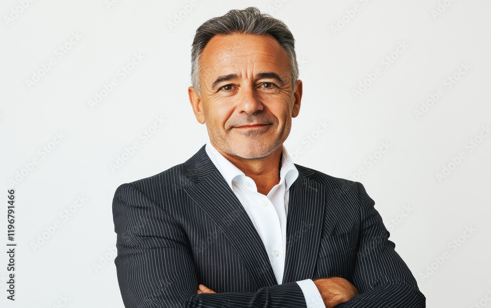 A professional man with salt-and-pepper hair, wearing a pinstripe suit and a crisp white shirt, exuding authority on a bright white backdrop, portrait without hands