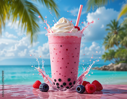 Strawberry smoothie and cocktail on the beach with fresh berries and a refreshing summer vibe photo