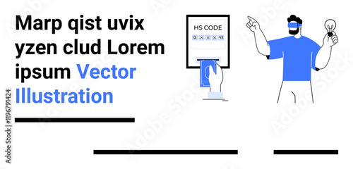 Man using VR headset and holding light bulb hand interacting with tablet displaying HS Code. Ideal for tech innovation, data analysis, VR technology, creativity, futuristic concepts, educational