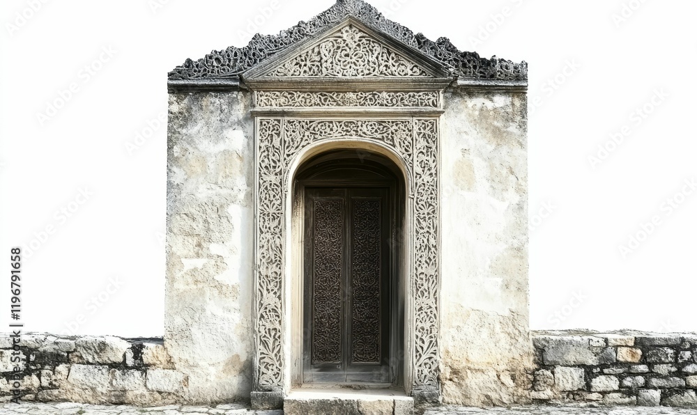 Ornate stone structure, arched doorway, weathered walls. Ornate stone structure, arched doorway, weathered walls.