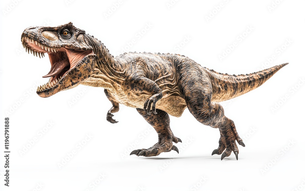 A realistic Tyrannosaurus rex roaring, captured mid-motion on a clean white background with detailed textures and shadows A realistic Tyrannosaurus rex roaring, captured mid-motion on a clean white background with detailed textures and shadows