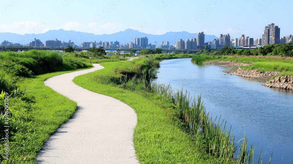 Winding path along river with city view Winding path along river with city view