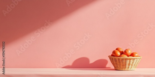 Minimalist Basket of Oranges on Pink Background - Purim, Easter, Thanksgiving
