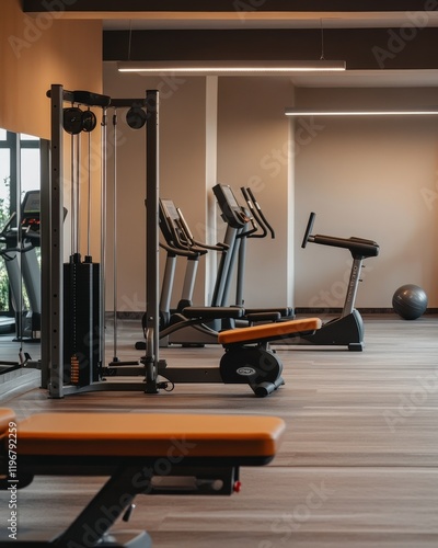 A fully-equipped gym room with modern fitness equipment and mirrors