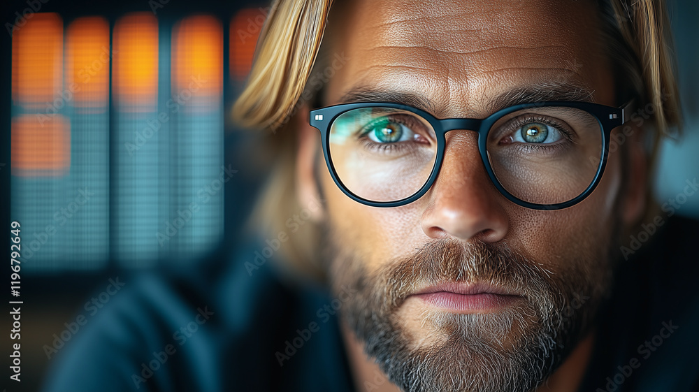 Focused Gaze: Close-up portrait of a man with blond hair and beard, wearing round glasses, his intense gaze drawing the viewer in. The softly blurred background hints at a busy workspace. Focused Gaze: Close-up portrait of a man with blond hair and beard, wearing round glasses, his intense gaze drawing the viewer in. The softly blurred background hints at a busy workspace.