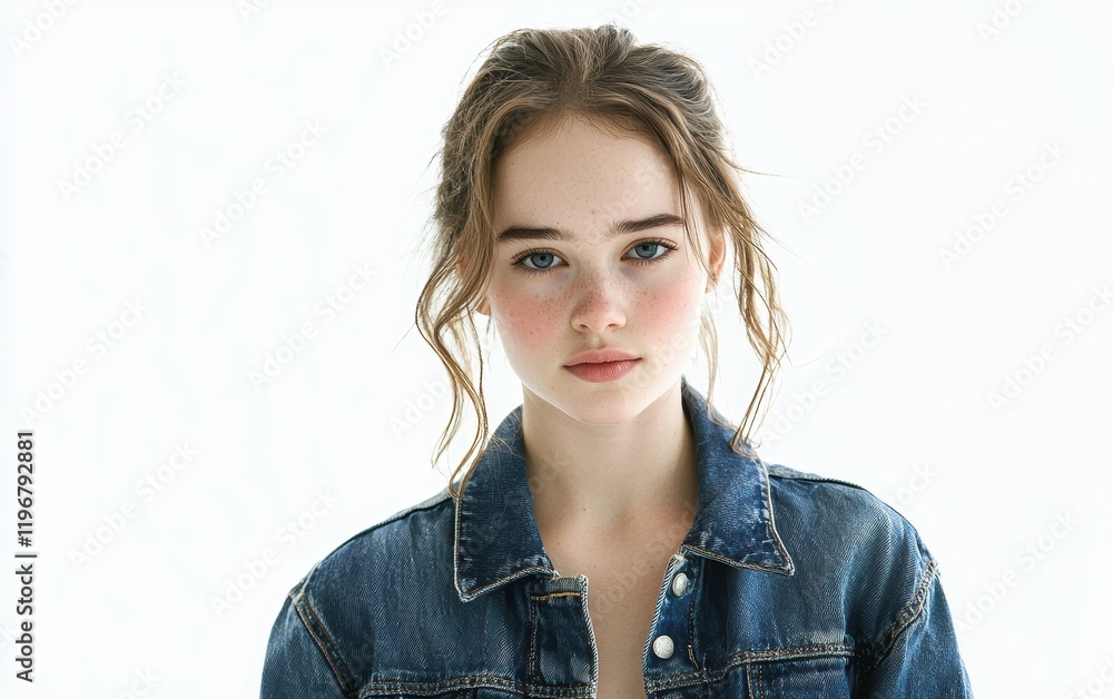 A studious young woman in a denim jacket with her hair tied back, looking determined on a sharp white background, portrait style