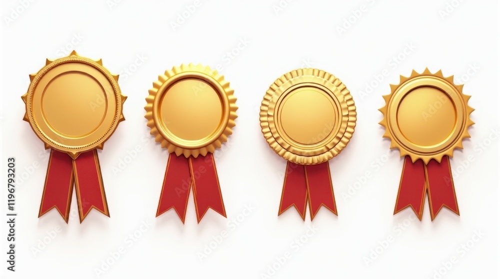 Set of four different, distinct award medals with different ribbons, different elegant decorative elements. Different designs should emphasize premium, with bright colors and different decorations, sy Set of four different, distinct award medals with different ribbons, different elegant decorative elements. Different designs should emphasize premium, with bright colors and different decorations, sy