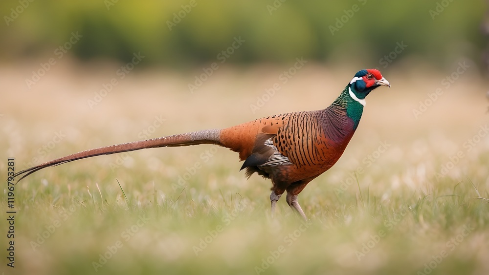 Male common pheasant walking on the green meadow, blurred background, Phaseanus colchicus. A closeup of a common pheasant
Male common pheasant walking on the green meadow, blurred background, Phaseanus colchicus. A closeup of a common pheasant