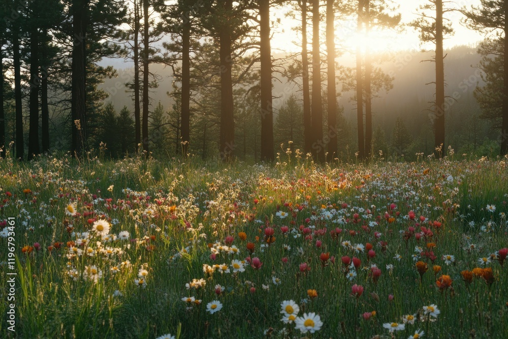 Obraz premium Serene Sunrise over a Colorful Wildflower Meadow Surrounded by Lush Green Trees in a Peaceful Natural Landscape