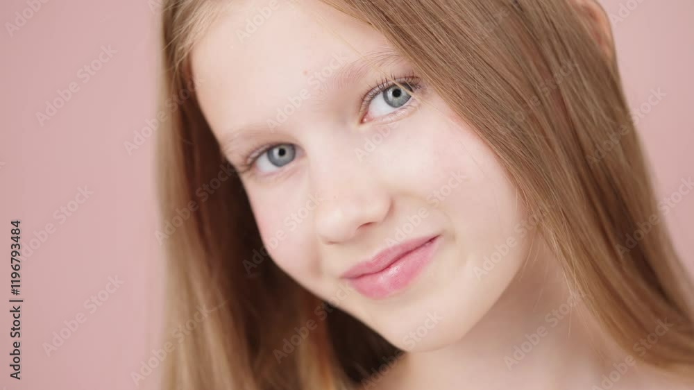 Close up headshot beautiful Caucasian girl posing look at camera isolated on pink background, charming smile, natural beauty Gen Alpha portrait. Adverts for skincare cosmetics for teengers or children Close up headshot beautiful Caucasian girl posing look at camera isolated on pink background, charming smile, natural beauty Gen Alpha portrait. Adverts for skincare cosmetics for teengers or children