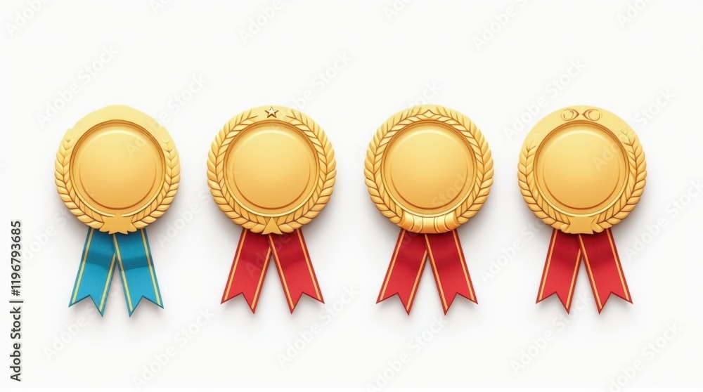 Set of four different, distinct award medals with different ribbons, different elegant decorative elements. Different designs should emphasize premium, with bright colors and different decorations, sy Set of four different, distinct award medals with different ribbons, different elegant decorative elements. Different designs should emphasize premium, with bright colors and different decorations, sy