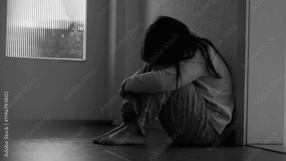 Sad Lonely Child in Moody Gloomy Dark Scene at Home Corridor, Covering Face in Anxiety and Depression