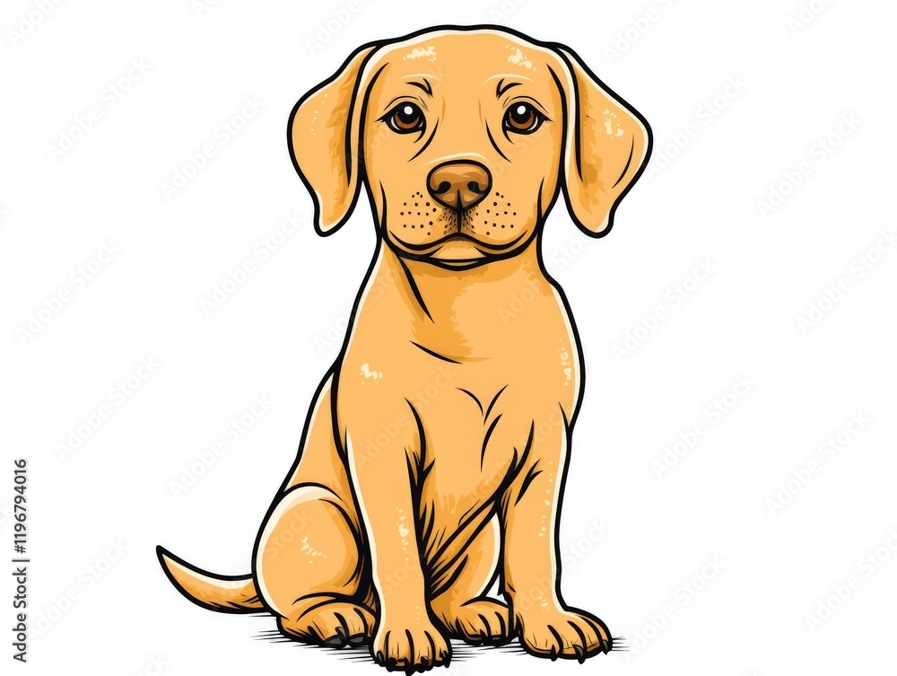 Fototapeta premium Young Labrador puppy with a curious expression and sitting pose captured in a minimalist vector style against a plain white background for diverse pet centric projects