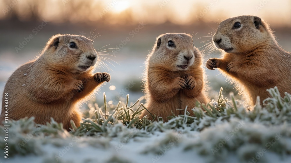 Three prairie dogs interact in a snowy landscape during sunset.