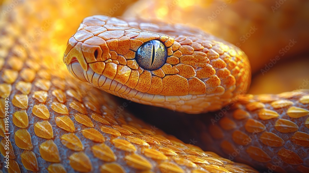 Fototapeta premium Intricate Scales and Intense Gaze A Captivating Close-up of a Vibrant Orange Snake Coiled in Detailed Texture, Showing Its Bright Color and Remarkable Detail in Nature Photography