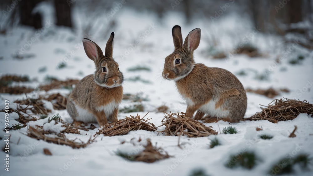 Fototapeta premium Two rabbits sitting on snow-covered ground amidst dried grass.