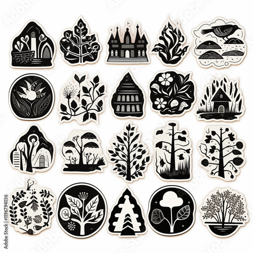 Unique collection of black and white botanical stickers featuring diverse plants, trees, and nature-inspired designs photo