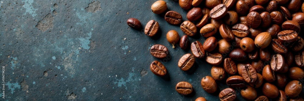Scattered coffee beans, various shades, textured surface, texture, coffee shop Scattered coffee beans, various shades, textured surface, texture, coffee shop