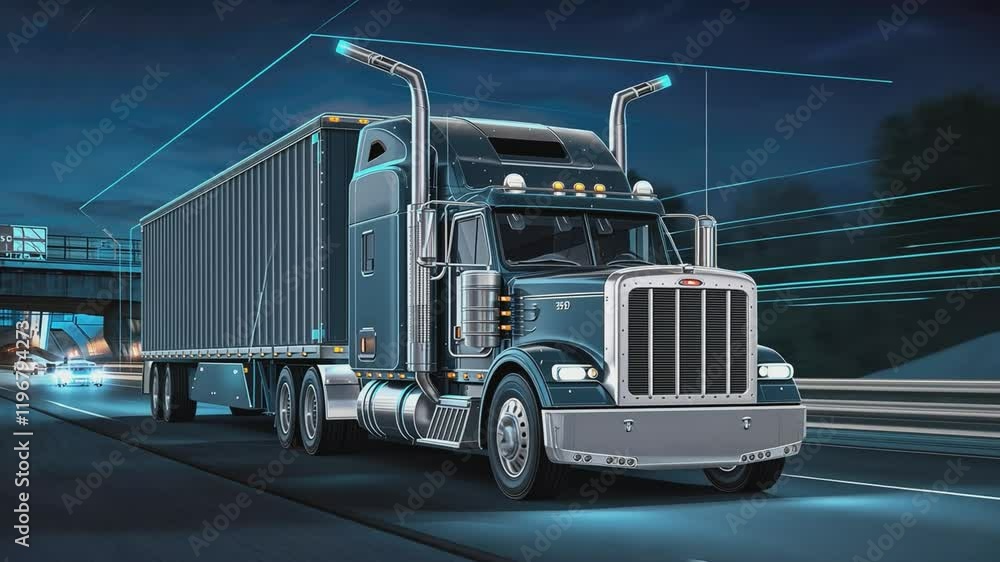 A powerful semi-truck, a symbol of American trucking and long-haul transportation, cruises down a highway at night under a mesmerizing digital cityscape. A powerful semi-truck, a symbol of American trucking and long-haul transportation, cruises down a highway at night under a mesmerizing digital cityscape.