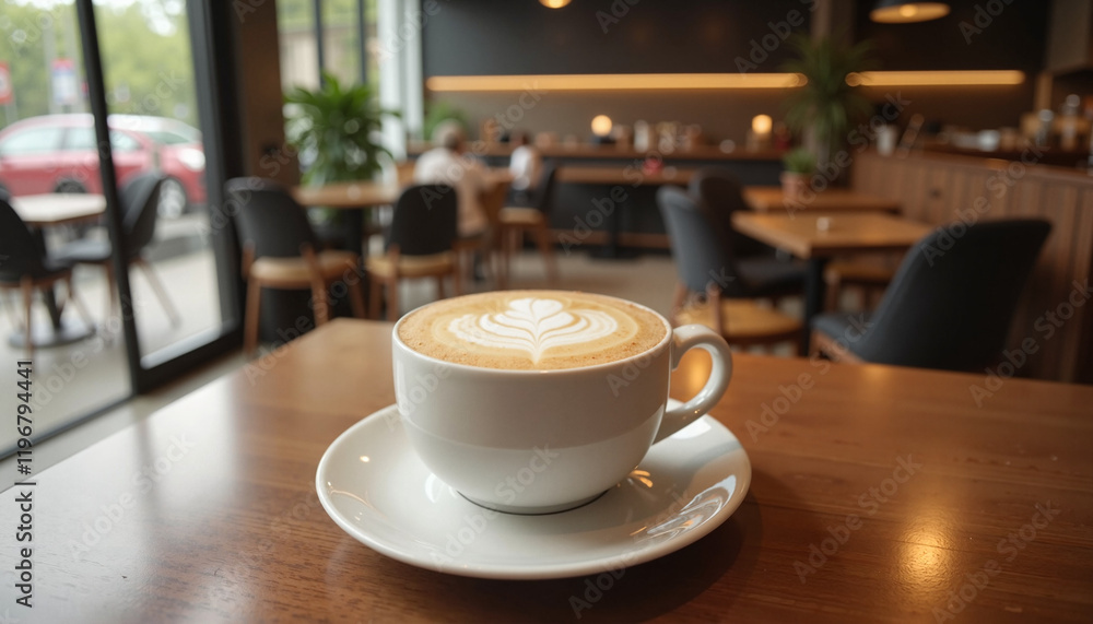 Photorealistic close-up of a vanilla latte with a swirl of frothy milk, set on a minimalist café table, soft focus background of blurred coffee shop decor, warm ambient lighting highlighting the cream Photorealistic close-up of a vanilla latte with a swirl of frothy milk, set on a minimalist café table, soft focus background of blurred coffee shop decor, warm ambient lighting highlighting the cream