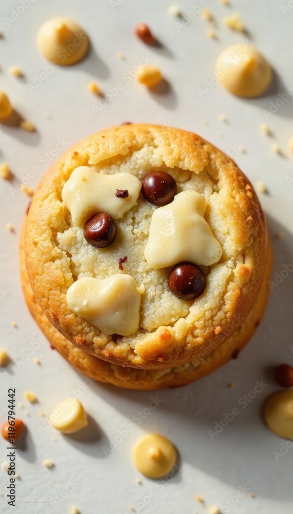Slightly underbaked, soft cookie, abundant chips, pure white, isolated, food photography Slightly underbaked, soft cookie, abundant chips, pure white, isolated, food photography