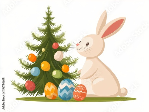 Adorable rabbit sitting beside a decorated Easter tree symbolizing springtime and festive joy for holiday themed visuals and seasonal greetings photo