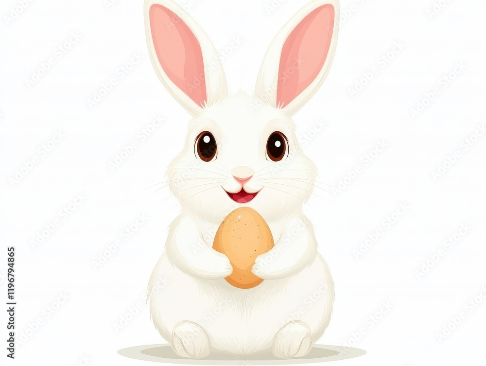 Obraz premium Fluffy white bunny holding a golden egg seated gracefully against a plain white background in an Easter themed illustration