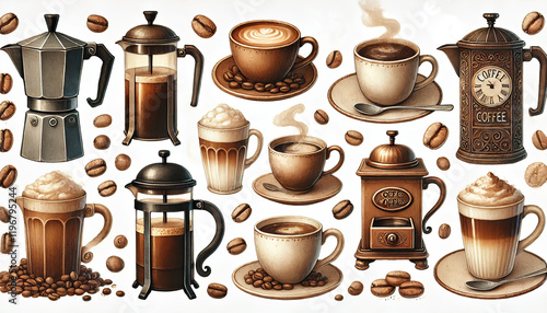 Coffee Drinks and Brewing Tools Collection.