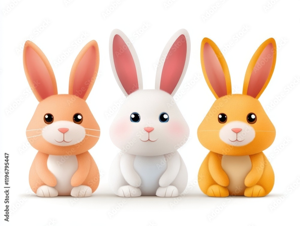 Trio of adorable Easter bunnies with soft fur sitting on white background radiating warmth joy and springtime innocence ideal for festive designs or family oriented themes Trio of adorable Easter bunnies with soft fur sitting on white background radiating warmth joy and springtime innocence ideal for festive designs or family oriented themes