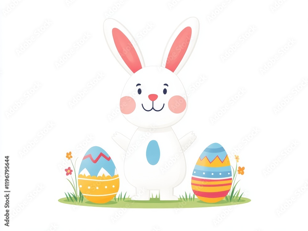 Adorable Easter bunny illustration with pastel tones sitting between decorative eggs and surrounded by spring cheer perfect for children’s festive themes Adorable Easter bunny illustration with pastel tones sitting between decorative eggs and surrounded by spring cheer perfect for children’s festive themes
