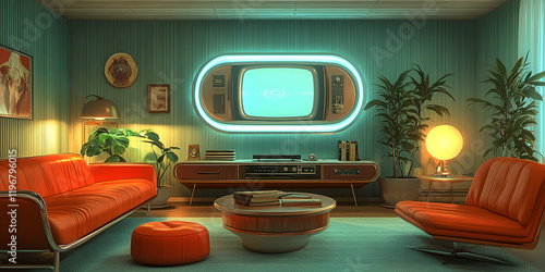Wallpaper Mural Retro living room with neon futuristic TV and vintage furniture, Mid-century modern room with retro design and futuristic elements
 Torontodigital.ca