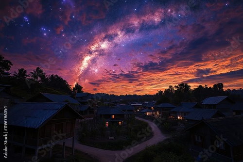 Stunning Night Sky Over a Peaceful Village Surrounded by Lush Nature, Featuring a Breathtaking Milky Way Galaxy Above with Vibrant Colors and Intriguing Atmosphere