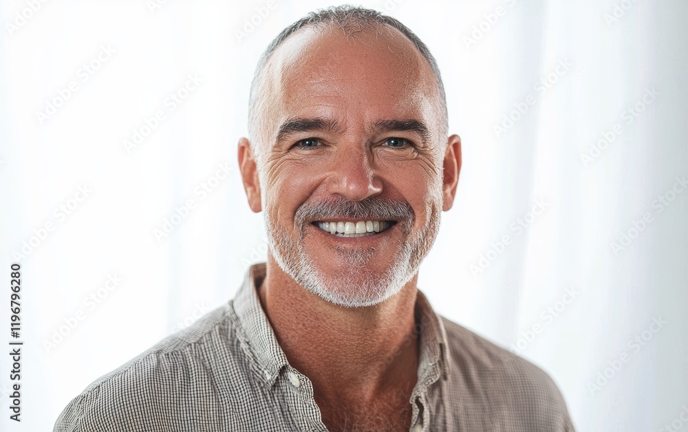 A smiling man with a relaxed expression, standing on a bright white background, close-up portrait A smiling man with a relaxed expression, standing on a bright white background, close-up portrait
