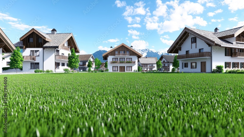 Scenic view of modern alpine houses surrounded by lush greenery.