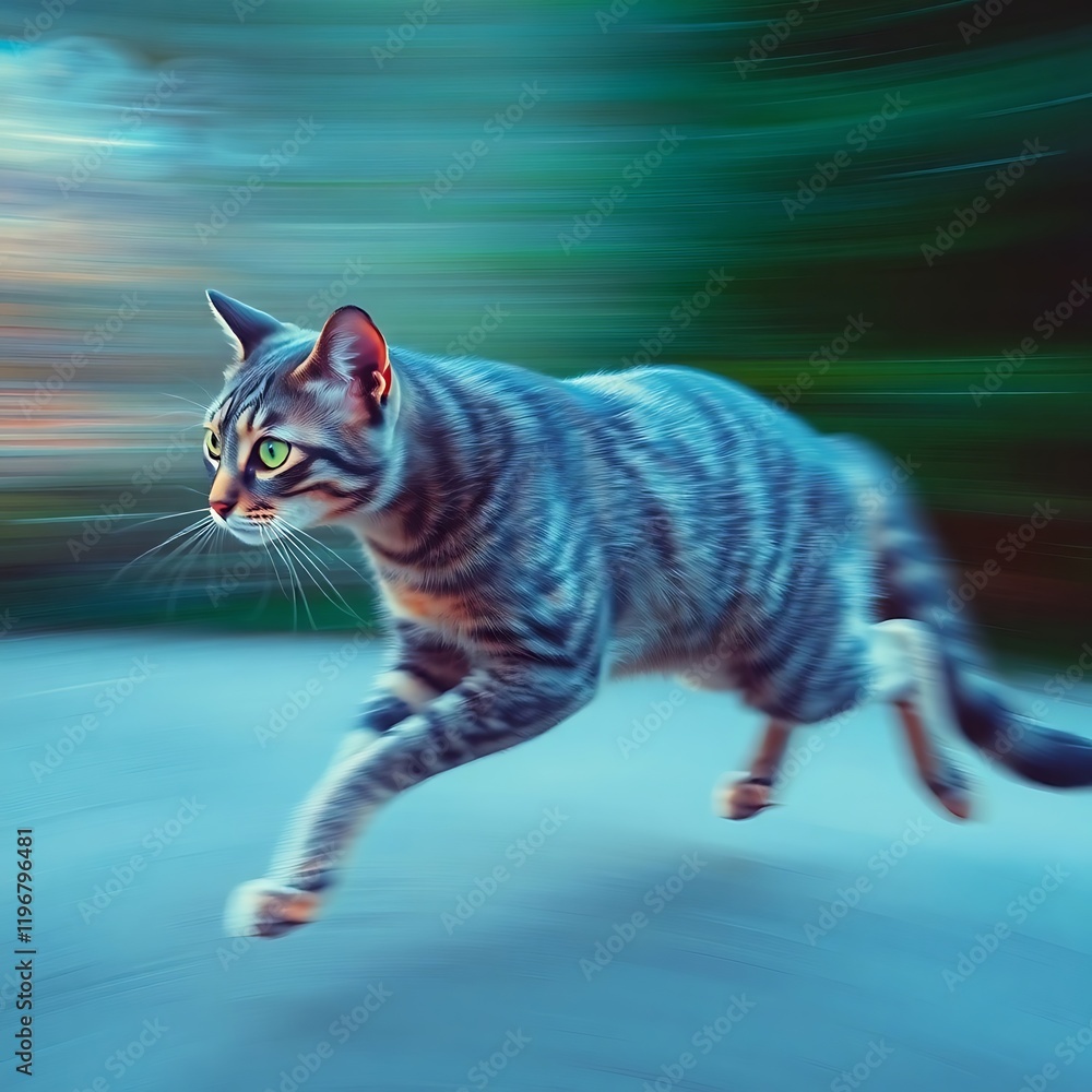 Fototapeta premium A grey tabby cat running fast.