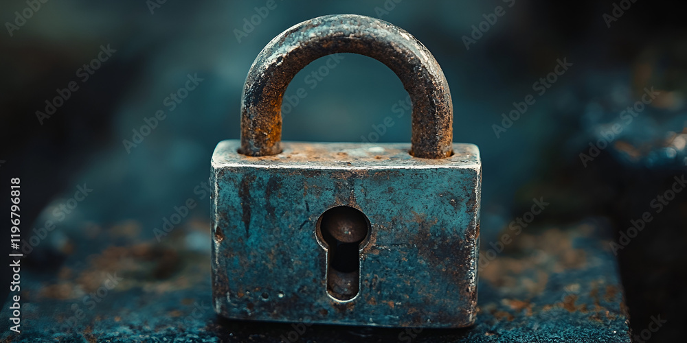 Close-up of a weathered metal padlock with a rustic texture, Antique padlock with rust and vintage appeal in a moody setting
Close-up of a weathered metal padlock with a rustic texture, Antique padlock with rust and vintage appeal in a moody setting