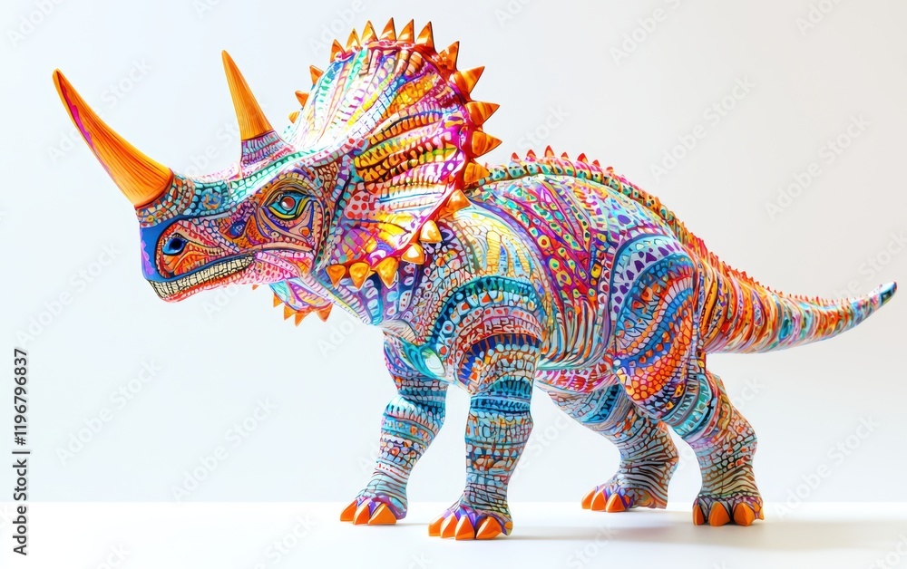 A vibrant Triceratops standing confidently, with intricate skin patterns, displayed on a bright white surface A vibrant Triceratops standing confidently, with intricate skin patterns, displayed on a bright white surface