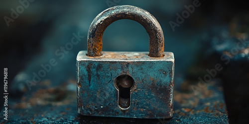 Close-up of a weathered metal padlock with a rustic texture, Antique padlock with rust and vintage appeal in a moody setting
