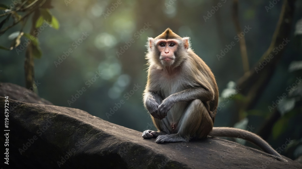 Fototapeta premium A serene monkey sitting on a rock in a lush forest environment.