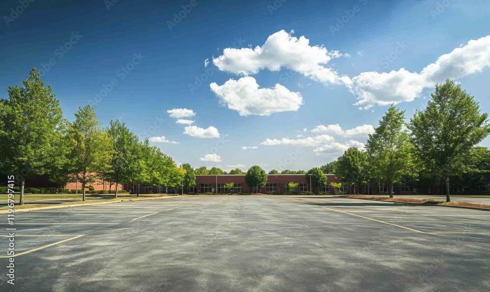 Car parking in large asphalt parking lot with trees, white cloud and blue sky background in front of hall building Car parking in large asphalt parking lot with trees, white cloud and blue sky background in front of hall building