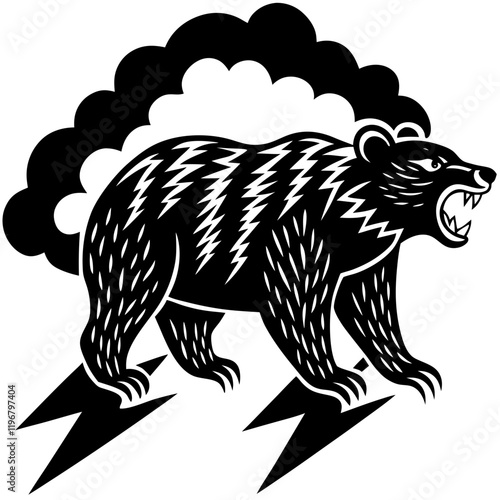 Thunder Bear Silhouette with Storm and Lightning - Powerful Vector Illustration