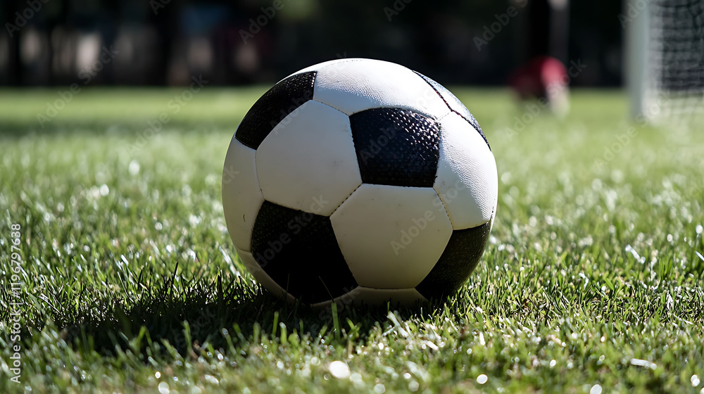 Closeup of a classic black and white soccer ball resting on a lush green field. Perfect for sports, recreation, and active lifestyle themes. Ideal for websites, blogs, or social media. Closeup of a classic black and white soccer ball resting on a lush green field. Perfect for sports, recreation, and active lifestyle themes. Ideal for websites, blogs, or social media.