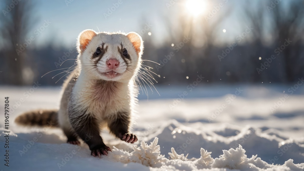 A playful ferret exploring a snowy landscape under a bright sun.