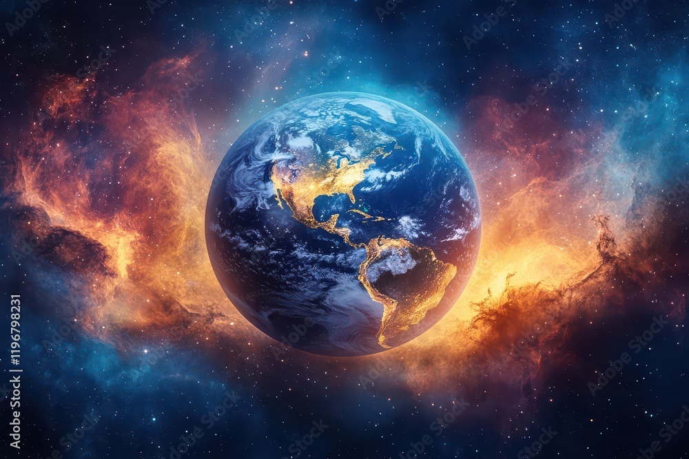 detailed view of earth from space with aurora borealis surrounded by nebula clouds and distant galaxies in rich cosmic colors detailed view of earth from space with aurora borealis surrounded by nebula clouds and distant galaxies in rich cosmic colors