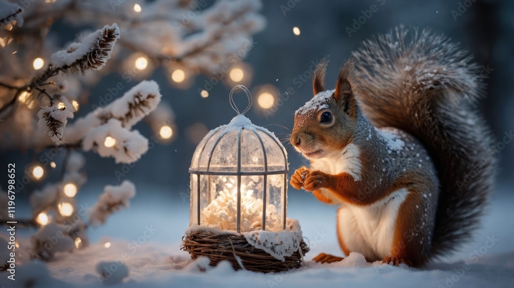 A squirrel in the snow by a lantern, surrounded by twinkling lights and winter scenery. A squirrel in the snow by a lantern, surrounded by twinkling lights and winter scenery.