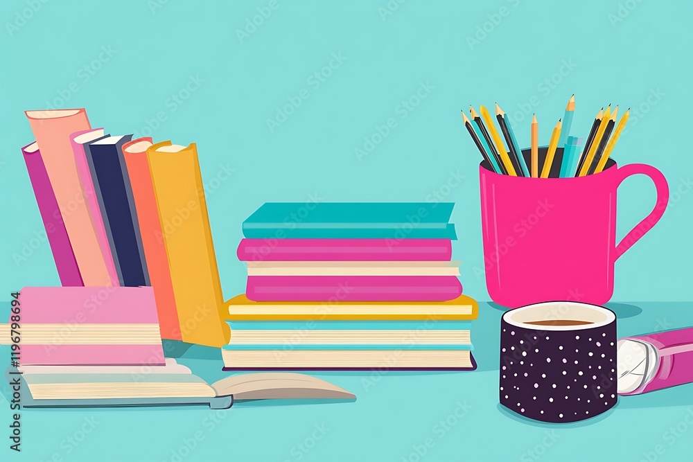 Fototapeta premium Colorful Books, Pens, and Coffee - Inspiring Workspace
