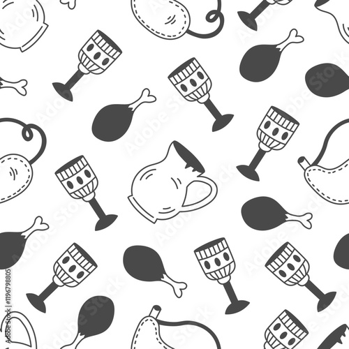 Medieval Food and Drink Seamless Pattern. Doodle repeat tavern background with falling vintage Middle Ages goblet cup jug chicken leg. Vector illustration