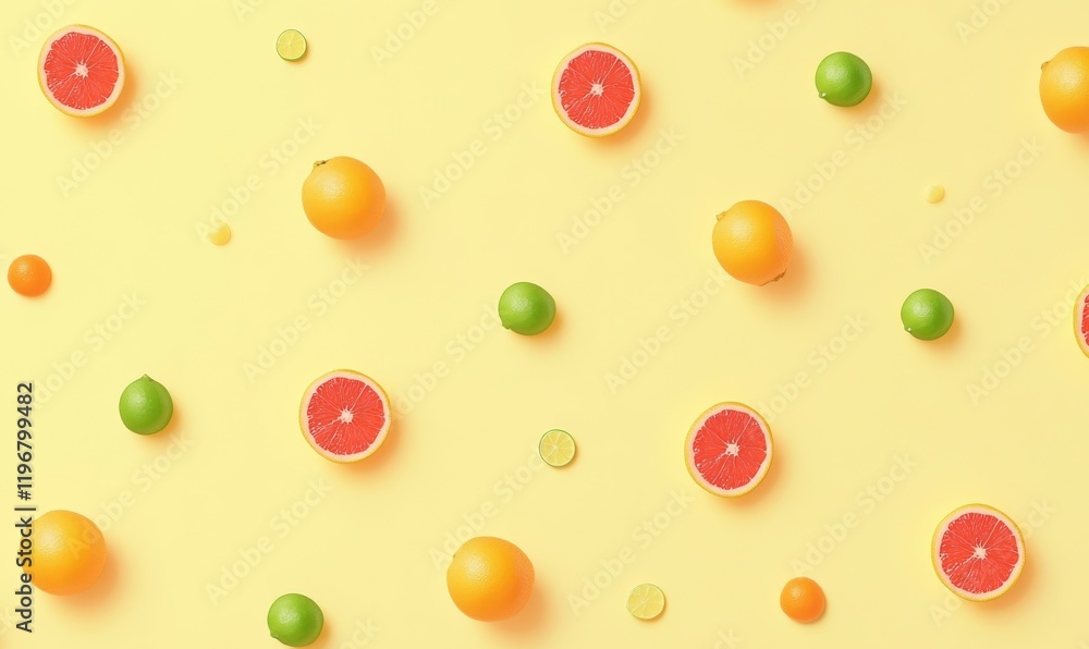 Citrus fruits pattern background, grapefruit, orange, tangerine, lemon, lime on yellow background Citrus fruits pattern background, grapefruit, orange, tangerine, lemon, lime on yellow background